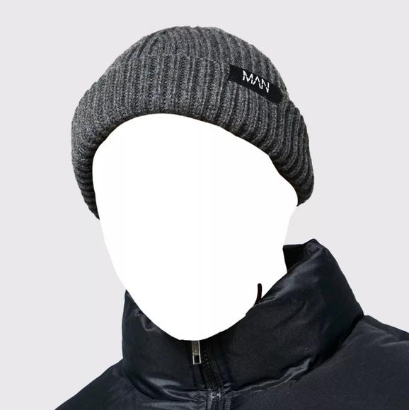 Men's  Grey Tab Beanie by Boohoo man one size fits most - Picture 2 of 2